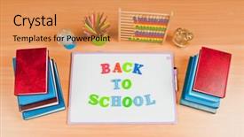  Presentation with school desk - Colorful PPT layouts enhanced with alarm globe - school items on the desk backdrop and a  colored foreground