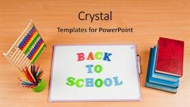  Presentation with school desk - PPT theme enhanced with alarm globe - school items on the desk background and a  colored foreground