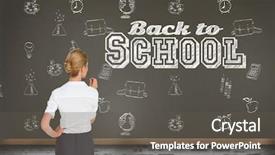  Presentation with blackboard - Colorful presentation enhanced with alarm globe - thinking businesswoman against blackboard backdrop and a dark gray colored foreground