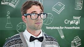  Presentation with thank you in green - Cool new slides with alarm globe - thoughtful geeky hipster against green backdrop and a ocean colored foreground