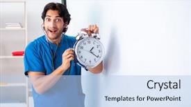  Presentation with whiteboard - Beautiful presentation design featuring alarm presentation - young male doctor in front backdrop and a light blue colored foreground