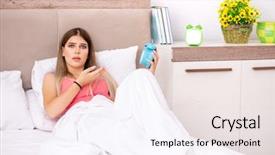  Presentation with good morning couple bed - Cool new PPT layouts with alarm presentation - young woman waking up backdrop and a  colored foreground