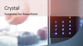  Presentation with security device of women - Theme enhanced with alarm system protection - number entry device near glass background and a  colored foreground