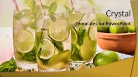  Presentation with alcohol - Colorful slide set enhanced with alcohol drink on wooden boards three glasses with alcohol drink and ice cubes a drink number forty five cocktail mohito with straw and lime and mint leaf country life outdoor light background backdrop and a yellow colored foreground