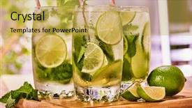  Presentation with alcohol - Presentation theme having alcohol drink on wooden boards small group glasses with alcohol drink and ice cubes a drink number three hundred one cocktail mohito with knife and mint leaf country life light background background and a yellow colored foreground