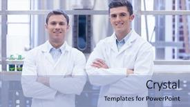  Presentation with scientist - PPT theme with alcohol science - scientist team smiling at camera background and a light blue colored foreground