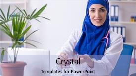  Presentation with working in a clinic - Colorful presentation theme enhanced with alcohol treatments - arab female doctor working backdrop and a  colored foreground