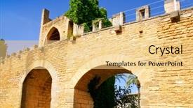  Presentation with castle wall - Colorful PPT theme enhanced with alcudia puerta de la muralla in north mallorca roman castle wall door backdrop and a lemonade colored foreground