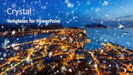  Presentation with falling snow - PPT theme enhanced with alesund town on a cold winter night with falling snow norway background and a teal colored foreground