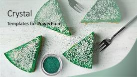  Presentation with spirulina - Audience pleasing theme consisting of plant food supplements - pieces of tasty spirulina cheesecake backdrop and a light gray colored foreground
