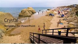  Presentation with cross desert tourists in safari - Slides enhanced with algarve gale beach full background and a  colored foreground