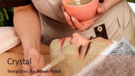  Presentation with beauty cosmetic - Slide deck having alginate - collagen face mask facial skin background and a coral colored foreground