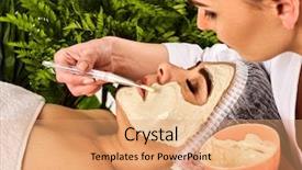  Presentation with beauty cosmetic - Beautiful PPT theme featuring alginate - collagen face mask facial skin backdrop and a coral colored foreground