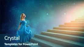  Presentation with stairs - Beautiful presentation design featuring alice wonderland - young blond woman in blue backdrop and a ocean colored foreground