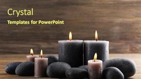  Presentation with wax - Presentation theme consisting of alight wax grey candle with pebbles around on wooden background background and a tawny brown colored foreground