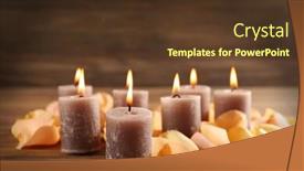  Presentation with wax - Presentation theme enhanced with alight wax grey candle with flower petals on wooden background background and a tawny brown colored foreground