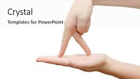  Presentation with human hands open palm up - Slide set consisting of allegory - fingers walk the open palm background and a sky blue colored foreground