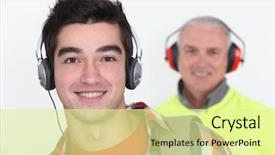  Presentation with builder - Colorful theme enhanced with allegory - student wearing headphones near builder backdrop and a blonde colored foreground