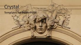  Presentation with happy sad mask face - Audience pleasing PPT theme consisting of allegory of music a stucco backdrop and a coral colored foreground