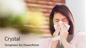  Presentation with allergy - Slide set with allergy - asian woman blowing her nose background and a soft green colored foreground