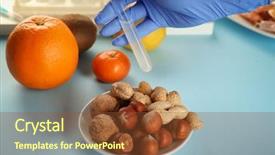  Presentation with allergy food - Colorful presentation enhanced with allergy food concept hand in glove holding test tube with sample backdrop and a tawny brown colored foreground