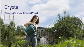  Presentation with plants - Audience pleasing slide deck consisting of allotting persons - happy woman watering plants backdrop and a sky blue colored foreground