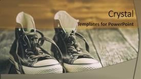  Presentation with tennis shoes - PPT layouts with allstar - vintage sneakers before wooden wall background and a gold colored foreground