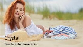  Presentation with phone - Amazing PPT layouts having allure seas - beautiful happy girl talking backdrop and a  colored foreground