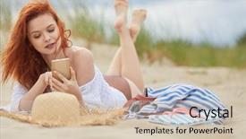  Presentation with talking on phone - Theme having allure seas - beautiful happy girl talking background and a  colored foreground