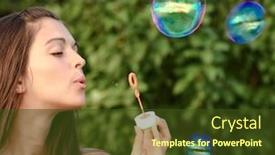  Presentation with soap - Theme with alluring woman inflating soap-bubbles background and a tawny brown colored foreground