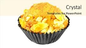  Presentation with almond - Presentation theme consisting of almond banana cupcake isolated on a white background background and a yellow colored foreground
