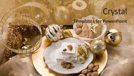  Presentation with christmas winter a table - Audience pleasing PPT theme consisting of almond nougat aver christmas table backdrop and a  colored foreground
