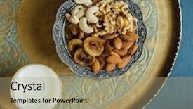 Presentation with fast food healthy - PPT layouts with almonds cashews - bowl of mixed nutritious nuts background and a mint green colored foreground