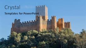  Presentation with medieval iron doors stone castle - Slide set having almourol-castle-is-a-medieval background and a light blue colored foreground