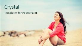  Presentation with alone - Colorful presentation design enhanced with woman alone - summer holidays and vacation backdrop and a sky blue colored foreground