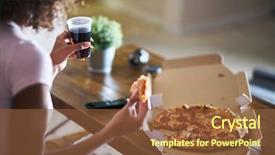  Presentation with pizza - Beautiful presentation featuring alone - woman eating pizza and drinking backdrop and a tawny brown colored foreground
