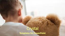  Presentation with sad child parents arguing - Slide set consisting of picture of alone little sad boy standing with teddy bear near window and waiting for parents at home look at window background and a tawny brown colored foreground