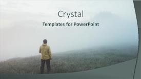  Presentation with dawn - Slides having alone tourist in yellow jacket meets the dawn on high mountains background and a sky blue colored foreground