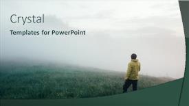  Presentation with dawn - Presentation design consisting of alone tourist in yellow jacket meets the dawn on high mountains background and a sky blue colored foreground