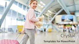  Presentation with airport terminal - Amazing slide deck having alone-traveling-girl-with-trolley backdrop and a soft green colored foreground
