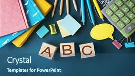  Presentation with abc - Slide set with alphabet blocks blackboard - composition of colourful stationery background and a ocean colored foreground