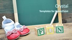  Presentation with wooden boat at sea edge - PPT theme having alphabet blocks blackboard - school board and word fun background and a  colored foreground