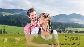  Presentation with cattle limousin cows in green - Slides featuring alpine cattle farmers on mountain meadow cows grazing in the background background and a gold colored foreground