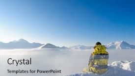  Presentation with snow mountain - Cool new theme with alpine winter mountain landscape with man sitting above low clouds french alps covered with snow in sunny day val-d'isere france backdrop and a light blue colored foreground