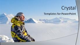  Presentation with snow mountain - Beautiful presentation theme featuring alpine winter mountain landscape with man sitting above low clouds french alps covered with snow in sunny day val-d'isere france backdrop and a light blue colored foreground