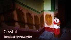  Presentation with church altar - Amazing PPT theme having altar-boy-collecting-money backdrop and a wine colored foreground