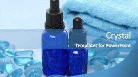  Presentation with essential oil bottles and rosemary - Presentation theme having alternative medicine blue - spa still life with bottles background and a  colored foreground