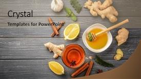  Presentation with ginger lemon drink - Colorful presentation enhanced with remediation - hot drink with honey lemon backdrop and a coral colored foreground