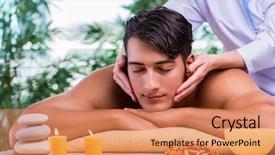  Presentation with reflexology foot massage spa foot - Presentation theme consisting of hands pebble - man during massage session background and a coral colored foreground