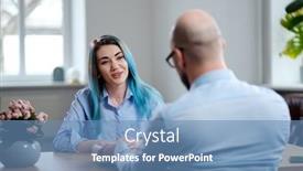  Presentation with job interview - Colorful PPT layouts enhanced with alternative young woman attending job interview backdrop and a teal colored foreground